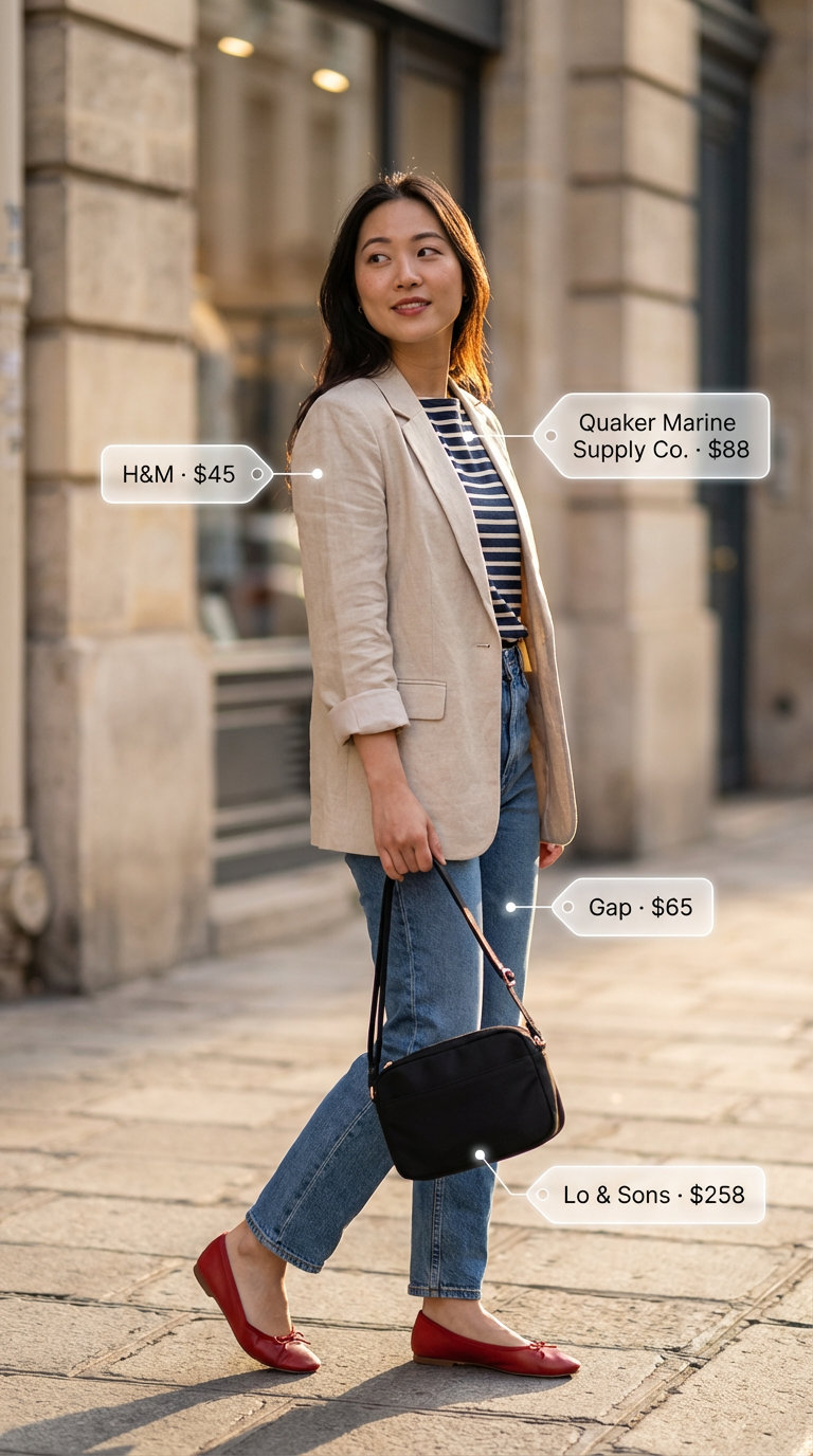 Chic Parisian getaway outfit with dark indigo straight-leg jeans, a striped tee, camel blazer, red ballet flats, making trendy jean outfits summer for women 2026.