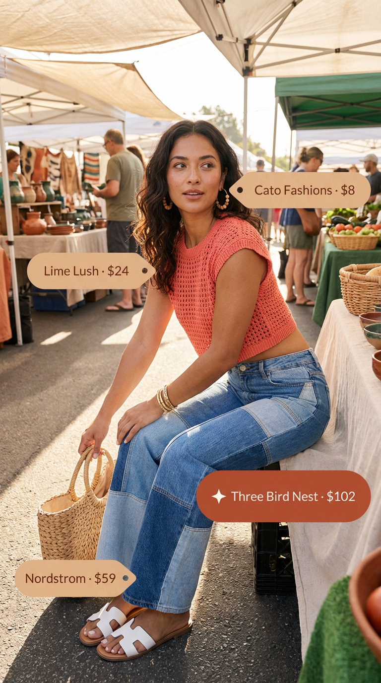 Playful patchwork high-waisted jeans with a coral crochet crop top and white slide sandals, perfect for trendy jean outfits summer for women 2026 at a picnic.
