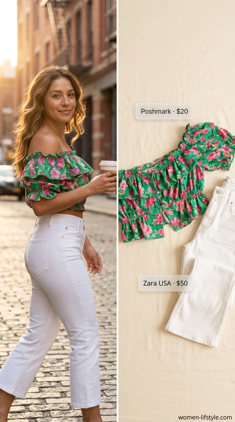 Vibrant playful summer patio outfit with white cropped flare jeans, a floral smocked crop top, and blush pink sandals, embodying trendy jean outfits summer for women 2026.