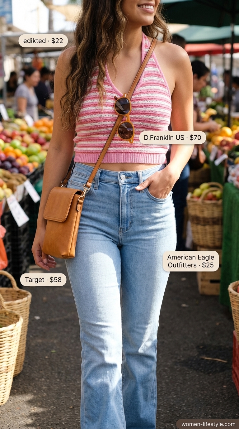Playful retro summer outfit with light wash high-waisted flared jeans, an orange and pink striped halter top, and espadrille platforms, perfect for trendy jean outfits summer for women 2026.