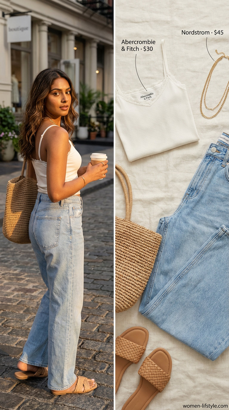 Relaxed Riviera chic outfit with light wash wide-leg jeans, a lace-trimmed camisole, and espadrille wedges, ideal for trendy jean outfits summer for women 2026 brunch.