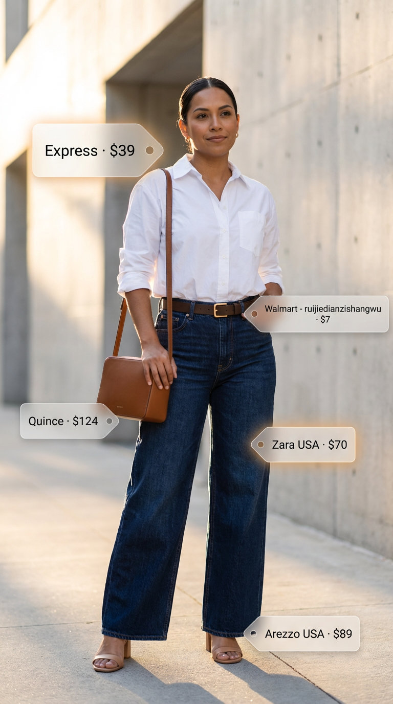 Polished sophisticated summer outfit with dark wash wide-leg jeans, an oversized white button-down, and brown leather accessories for trendy jean outfits summer for women 2026.