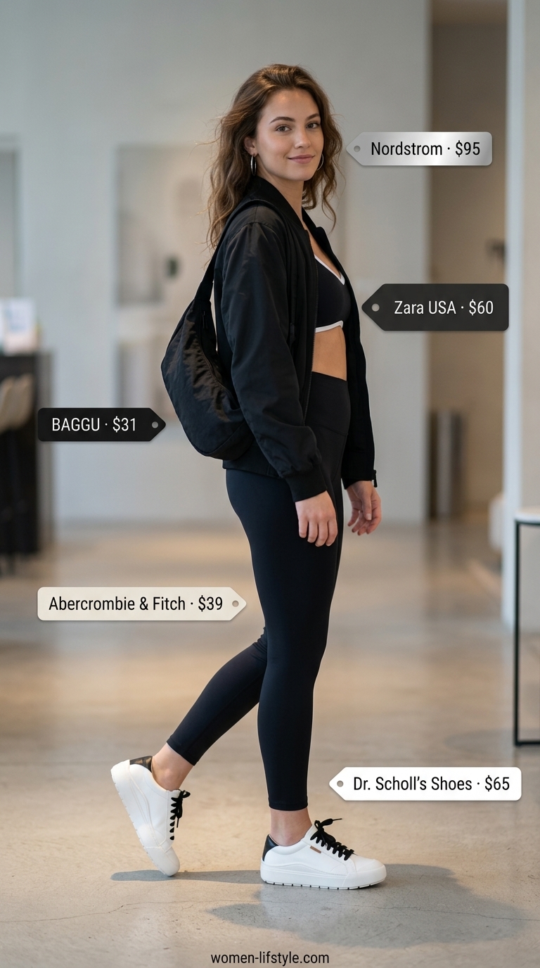 Black leggings, bomber jacket, white sneakers, silver hoops for airport outfits with sneakers summer for women 2026.