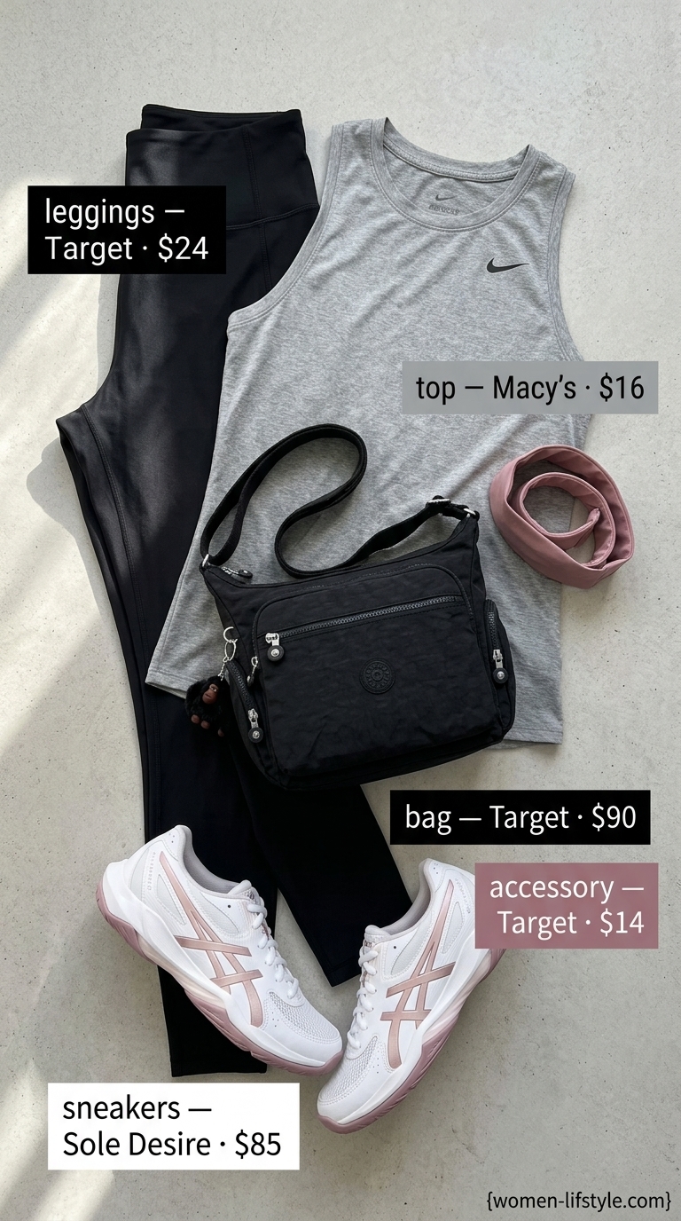 Black leggings, grey tank, white/pink sneakers, nylon bag for airport outfits with sneakers summer for women 2026.