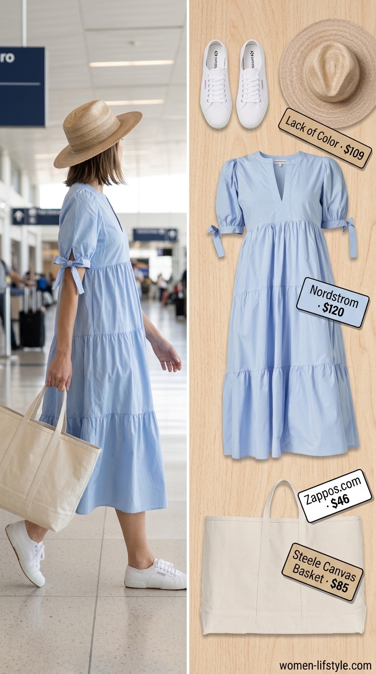 Airport outfits with sneakers summer for women 2026: Flowy blue midi dress, straw hat, and canvas tote for relaxed travel.