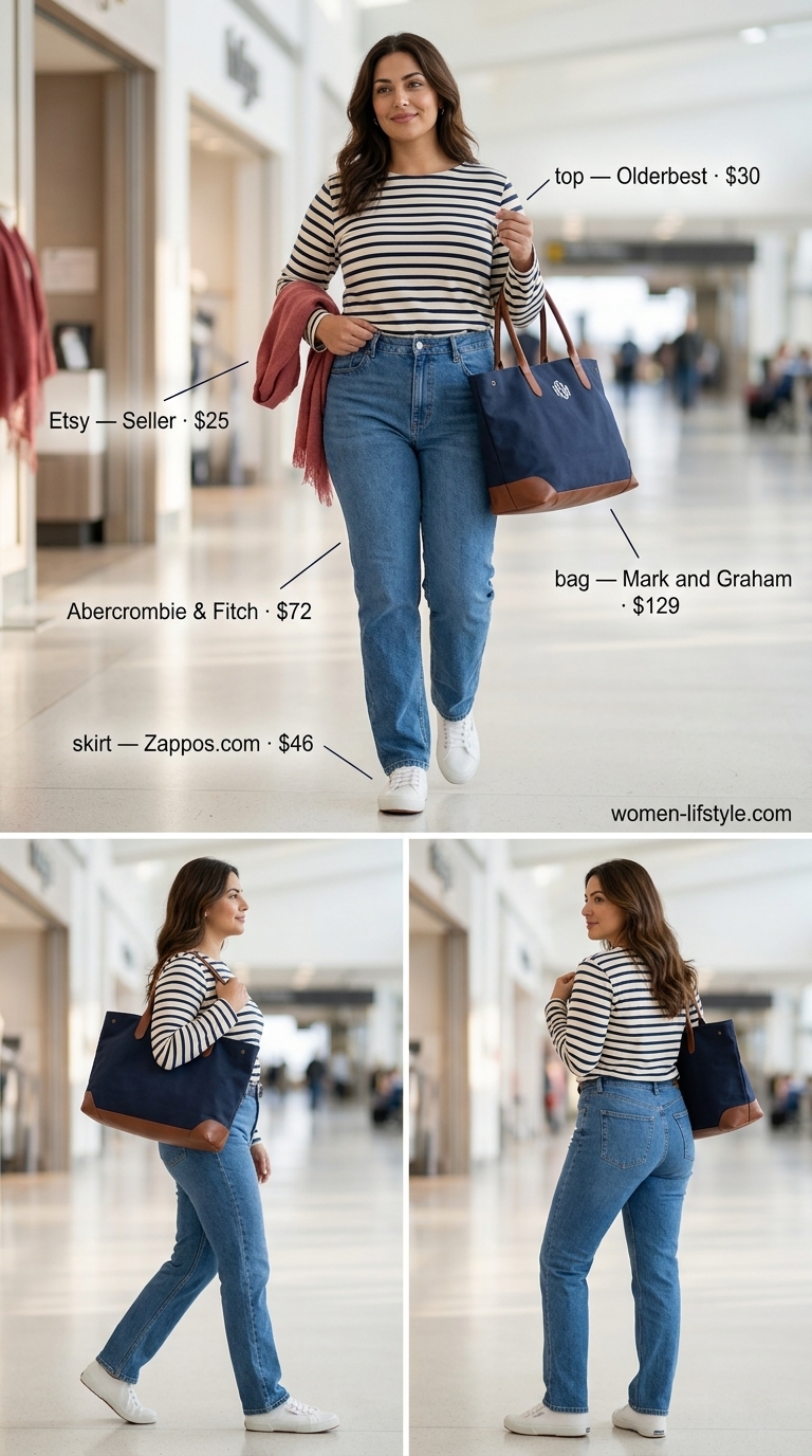 Classic Breton stripe tee, denim jeans, white sneakers, red scarf for airport outfits with sneakers summer for women 2026.