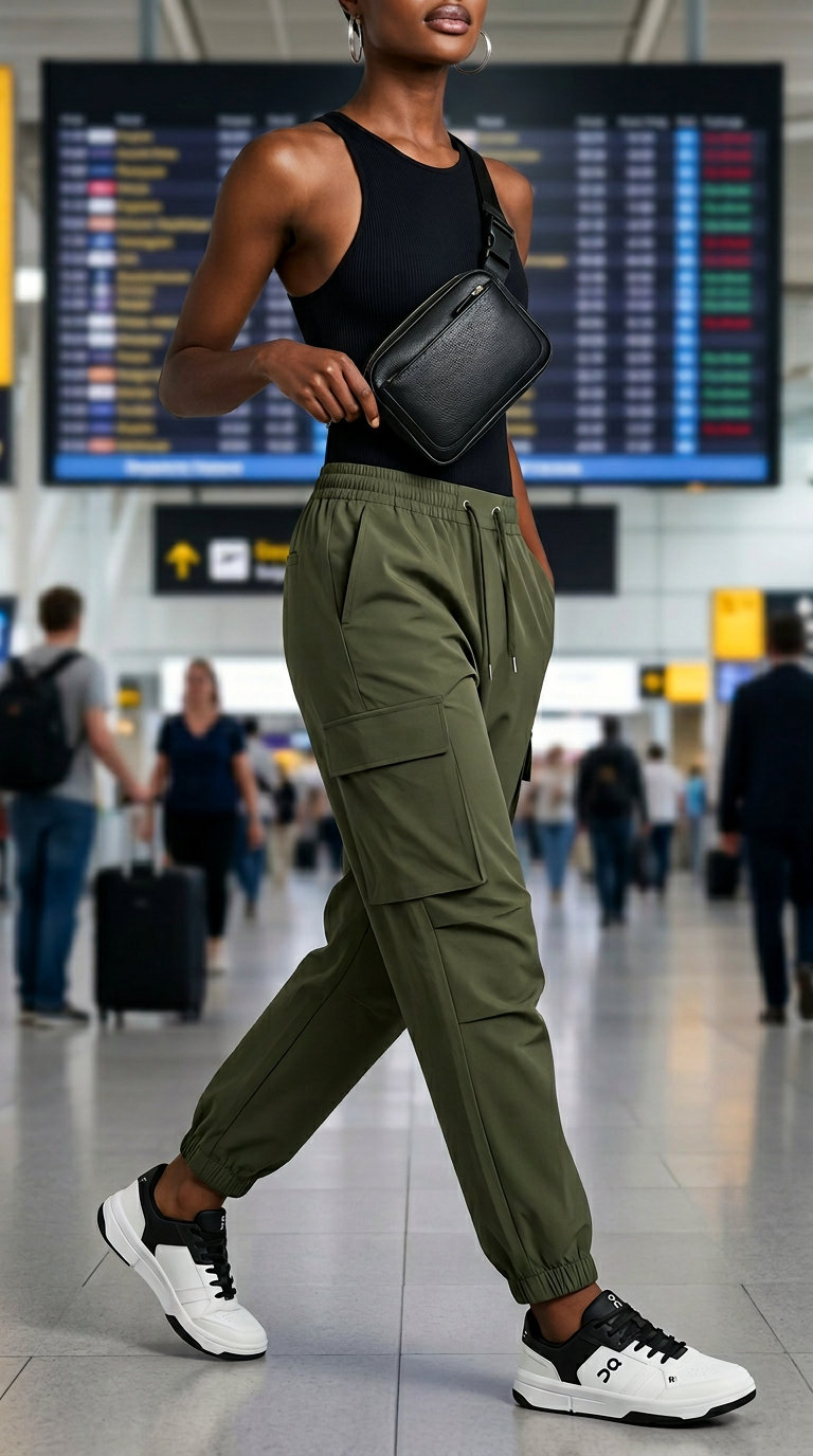 Airport outfits with sneakers summer for women 2026: Olive cargo pants, black bodysuit, fashion sneakers, and belt bag.