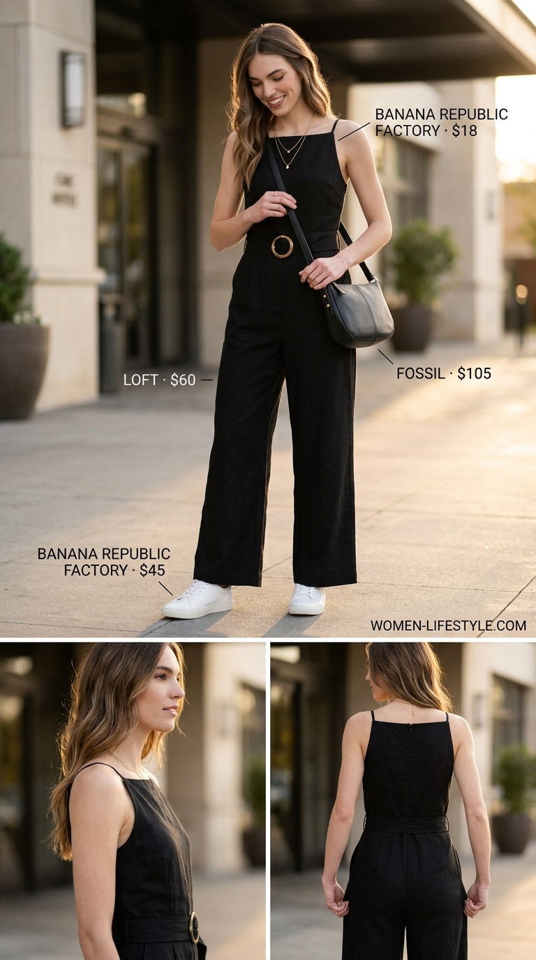 Chic black jumpsuit with white sneakers, gold jewelry for airport outfits with sneakers summer for women 2026.