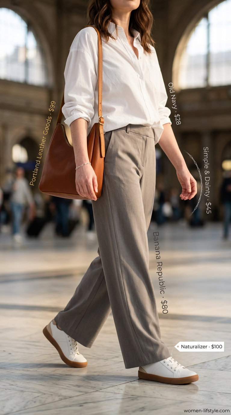 Airport outfits with sneakers summer for women 2026: Wide-leg trousers, oversized shirt, crossbody bag, and minimalist sneakers.