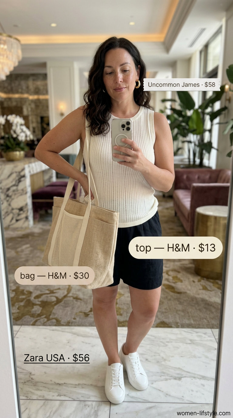 Airport outfits with sneakers summer for women 2026: Coral palazzo pants, cream tank, white sneakers, and woven tote.