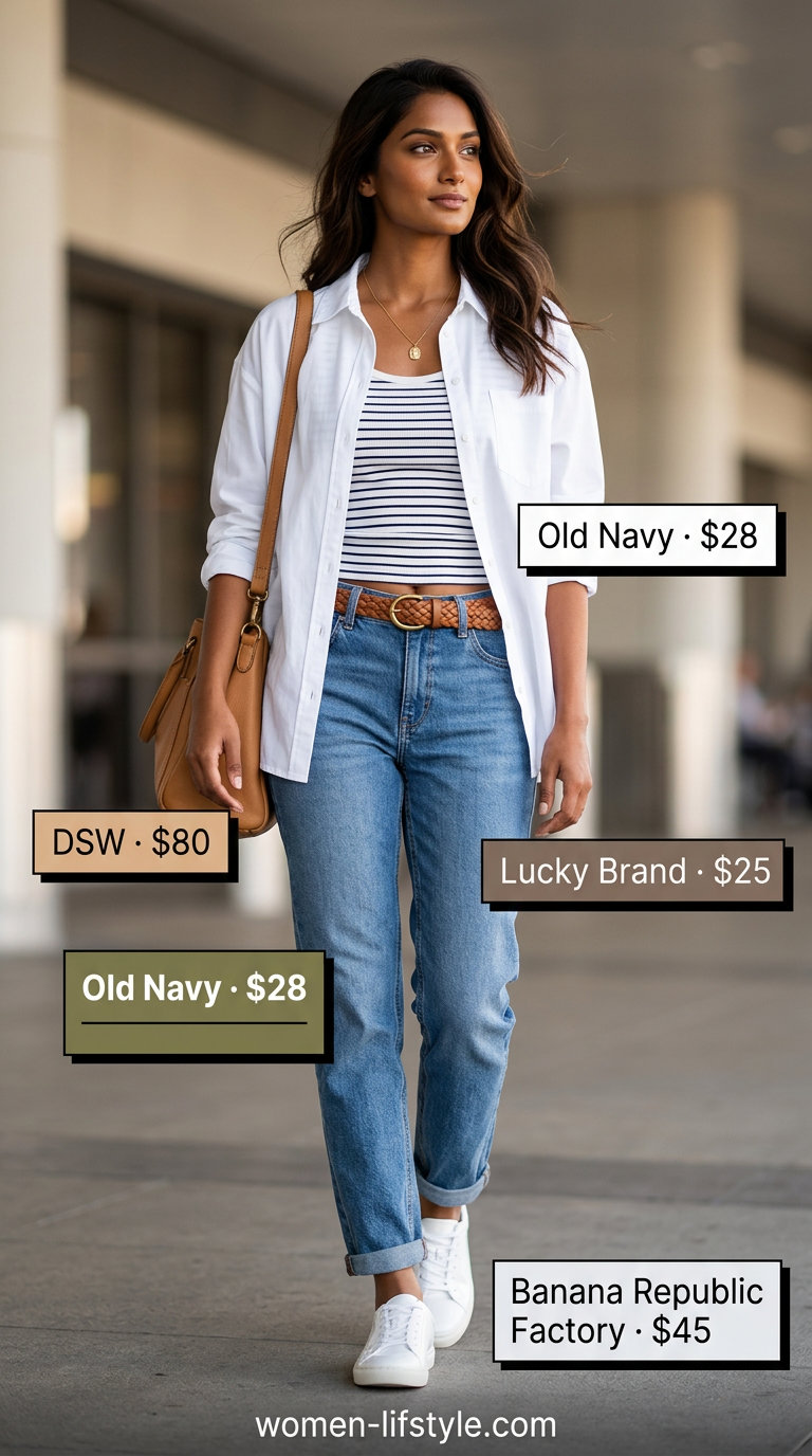 Airport outfits with sneakers summer for women 2026: Classic denim jeans, crisp white shirt, woven belt, and white low-top sneakers.