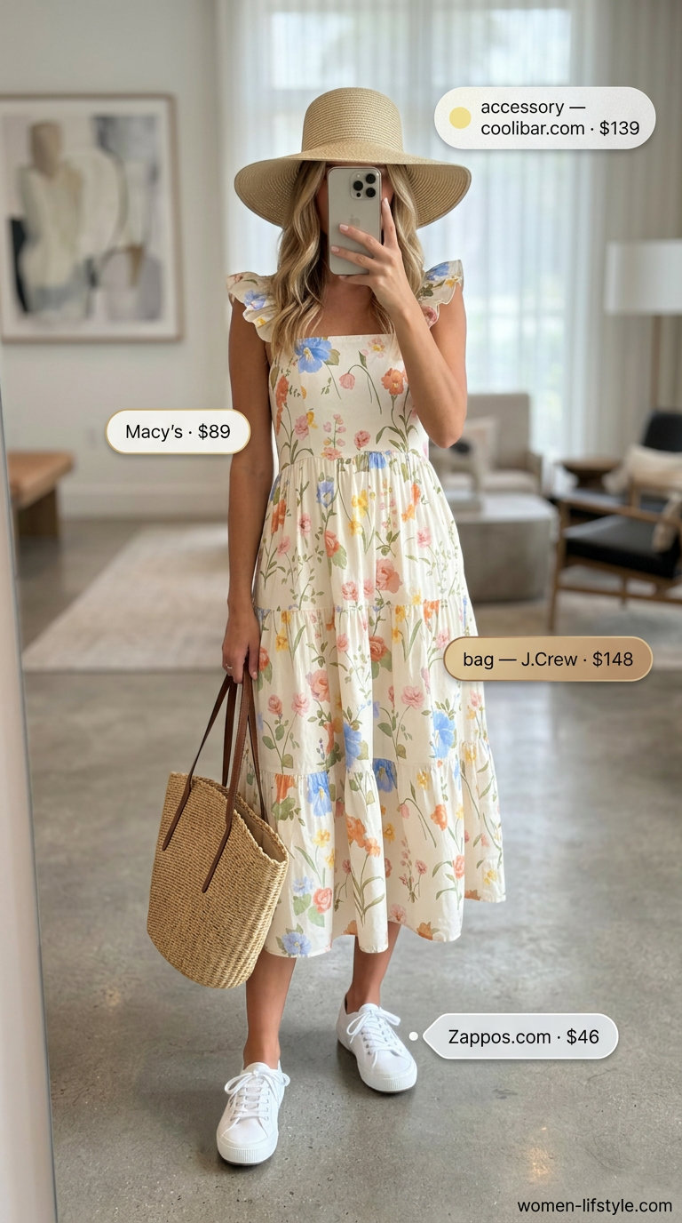 Airport outfits with sneakers summer for women 2026: Floral midi dress, canvas sneakers, straw tote, and straw hat.