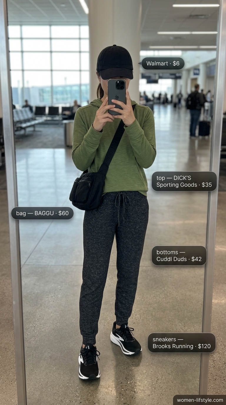 Airport outfits with sneakers summer for women 2026: Grey joggers, hoodie, crossbody bag, and sneakers for comfortable travel.