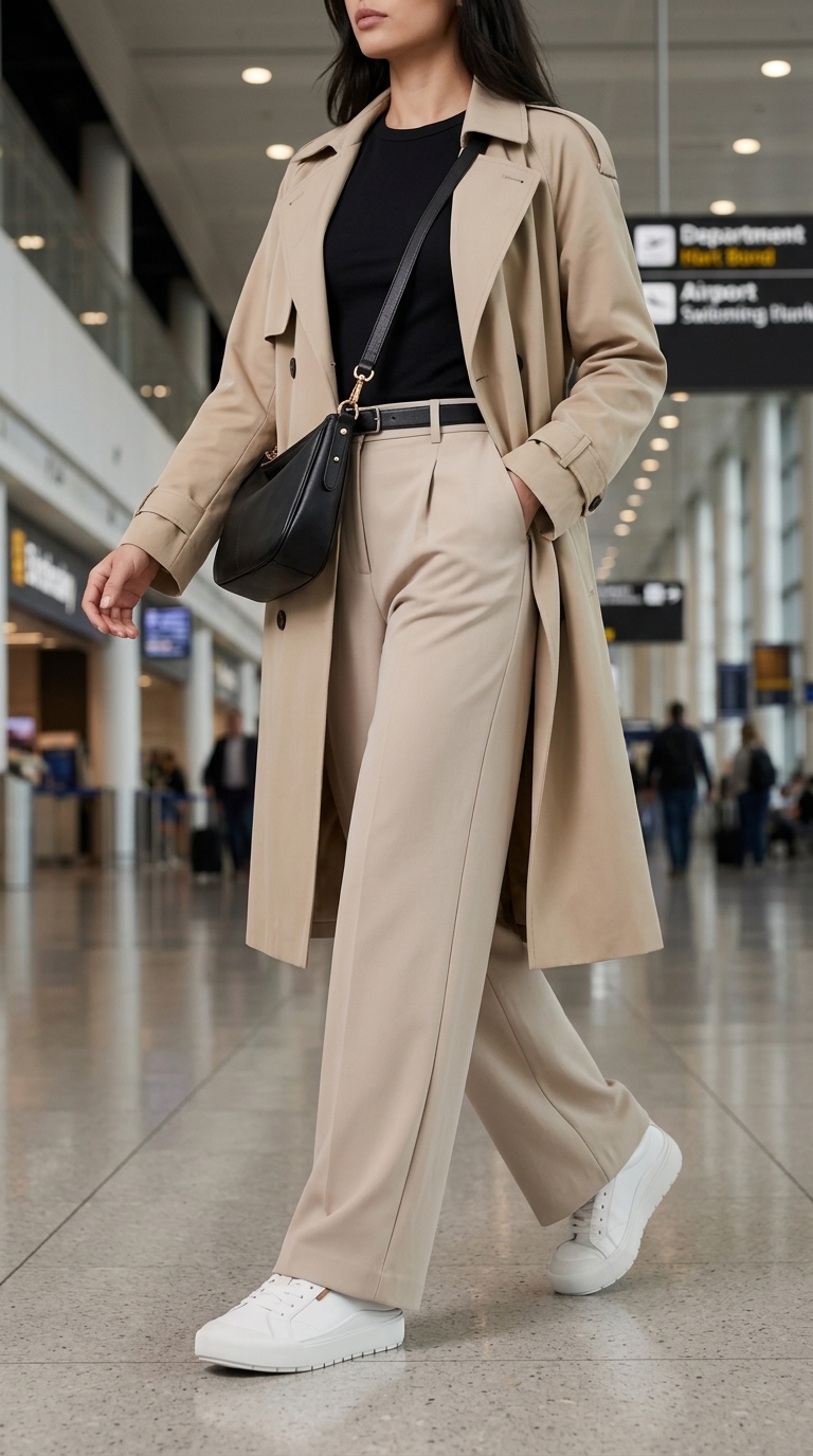 Airport outfits with sneakers summer for women 2026: Wide-leg trousers, fitted tee, crossbody bag, and low-profile sneakers.