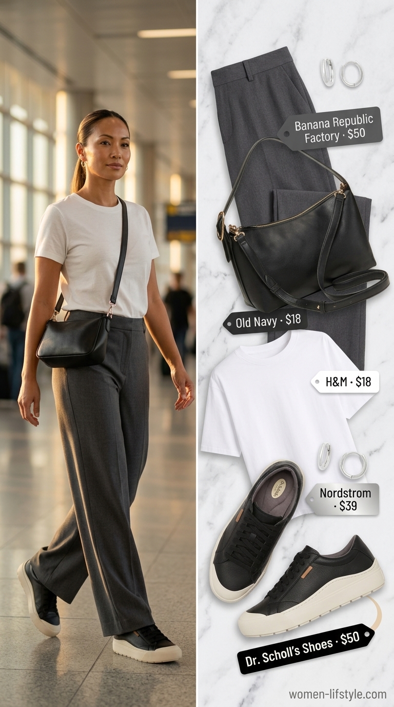 Airport outfits with sneakers summer for women 2026: Wide-leg knit pants, graphic tee, crossbody bag, and fashion sneakers.
