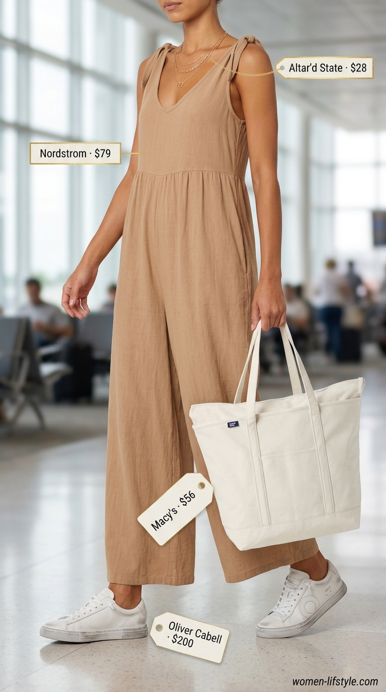 Airport outfits with sneakers summer for women 2026: White linen jumpsuit, gold jewelry, and canvas tote for effortless travel.