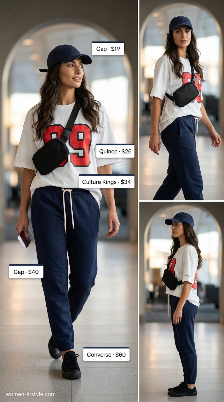 Airport outfits with sneakers summer for women 2026: Joggers, graphic tee, baseball cap, belt bag, and canvas sneakers.