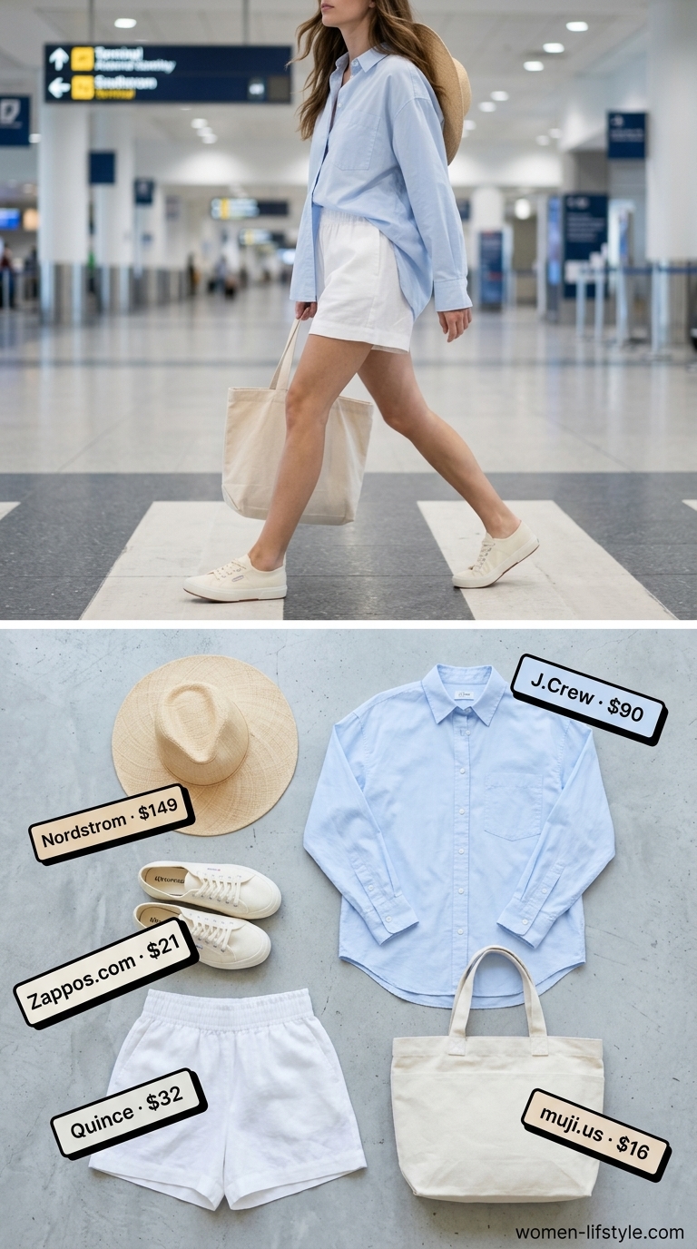 Airport outfits with sneakers summer for women 2026: Linen shorts, oversized shirt, espadrilles, and straw hat.