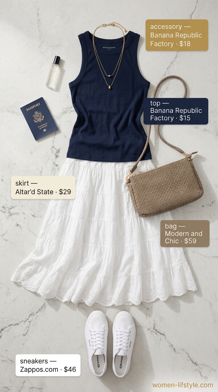 Cream midi skirt, navy tank, white sneakers, woven bag for airport outfits with sneakers summer for women 2026.