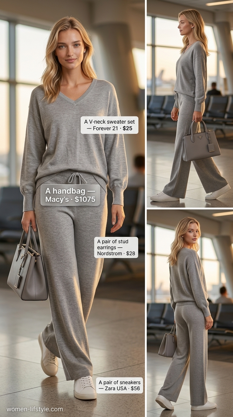 Airport outfits with sneakers summer for women 2026: Knit set, crossbody bag, and minimalist white sneakers.