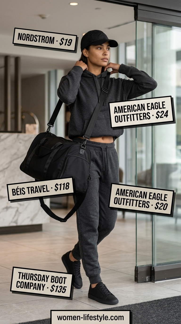 Airport outfits with sneakers summer for women 2026: Grey joggers, matching hoodie, black sneakers, and duffel bag.