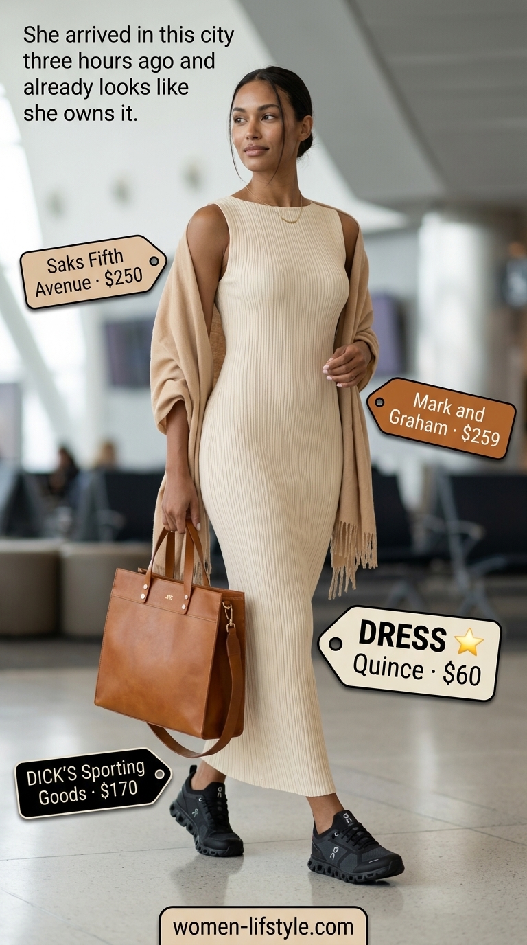 Airport outfits with sneakers summer for women 2026: Knitted midi dress, cashmere scarf, leather tote, and versatile sneakers.