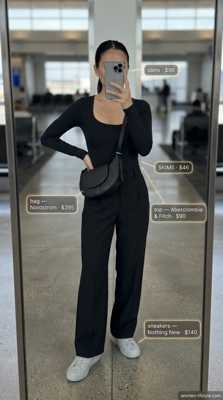 Black tailored pants, black bodysuit, grey sneakers, structured bag for airport outfits with sneakers summer for women 2026.