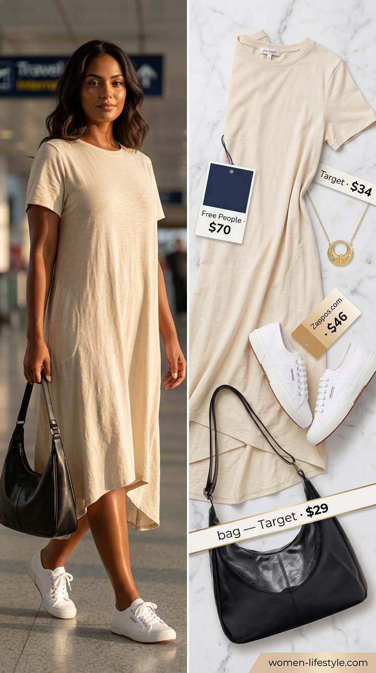Airport outfits with sneakers summer for women 2026: Beige t-shirt dress, gold necklace, canvas sneakers, and shoulder bag.