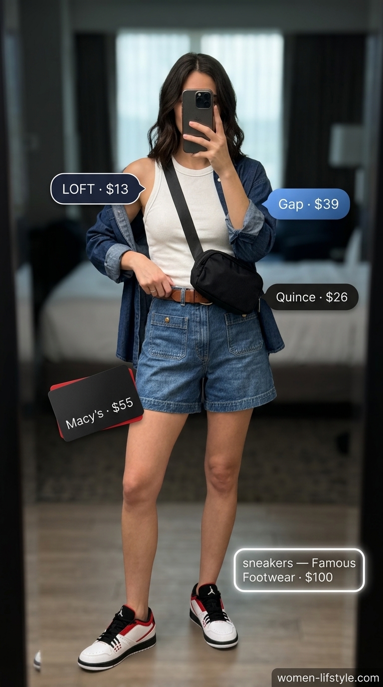 Airport outfits with sneakers summer for women 2026: Denim shorts, graphic tee, oversized linen shirt, and canvas sneakers.