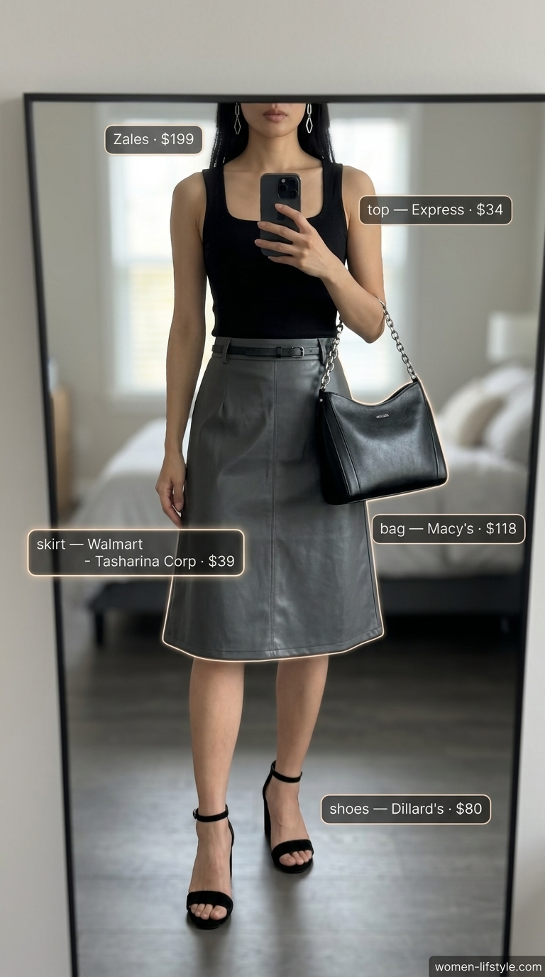 Black sleeveless top alternative for women 2026, styled with a charcoal midi skirt for an urban evening.