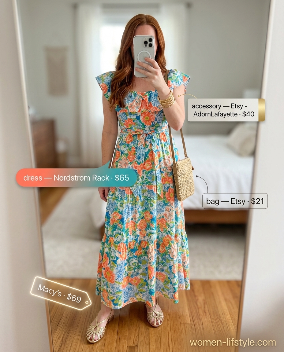 Summer maxi dress outfits 2026: Coral and teal floral print dress, gold sandals, straw crossbody bag, gold bangles.