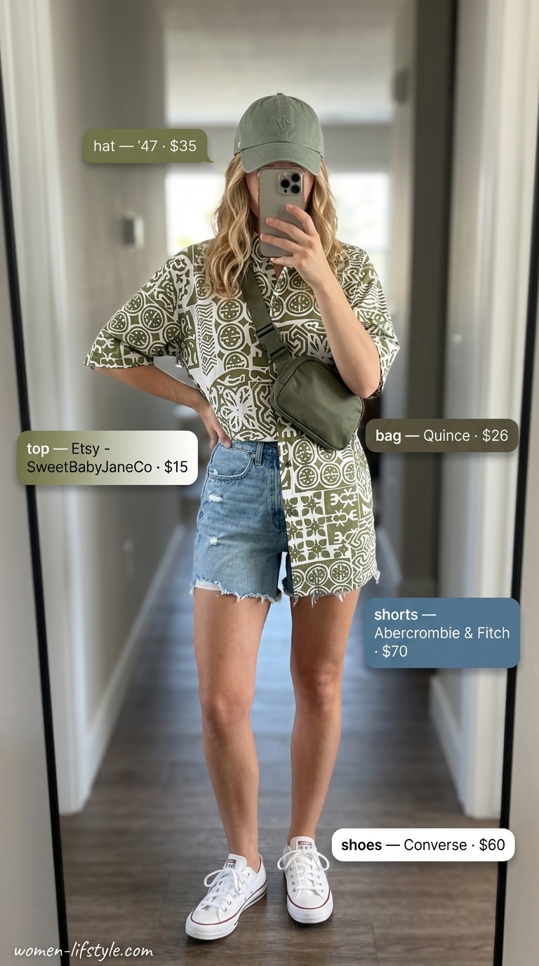 Alternative denim shorts outfit for women 2026: printed shirt, belt bag, sneakers. Casual day out.