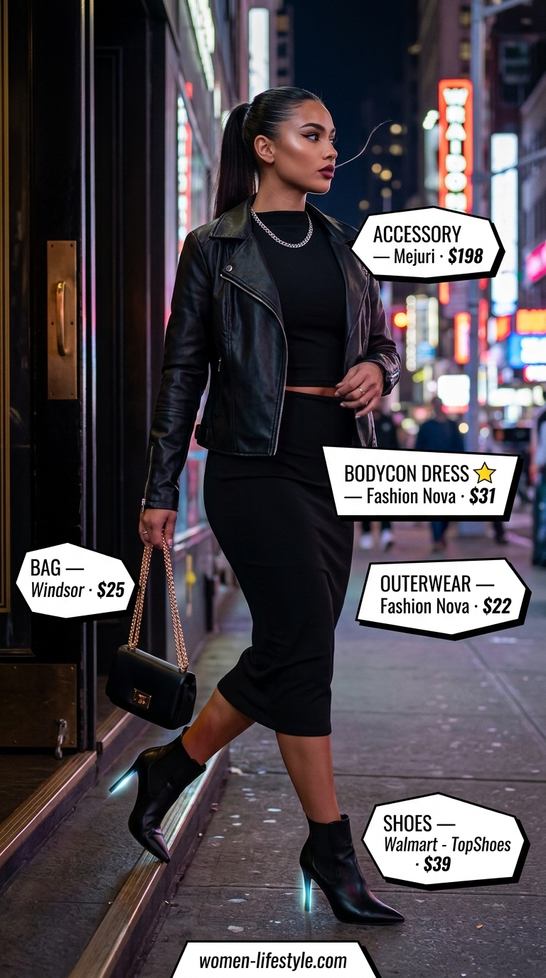 Edgy black faux leather bodycon dress with moto jacket & ankle boots for going out outfits for women 2026.