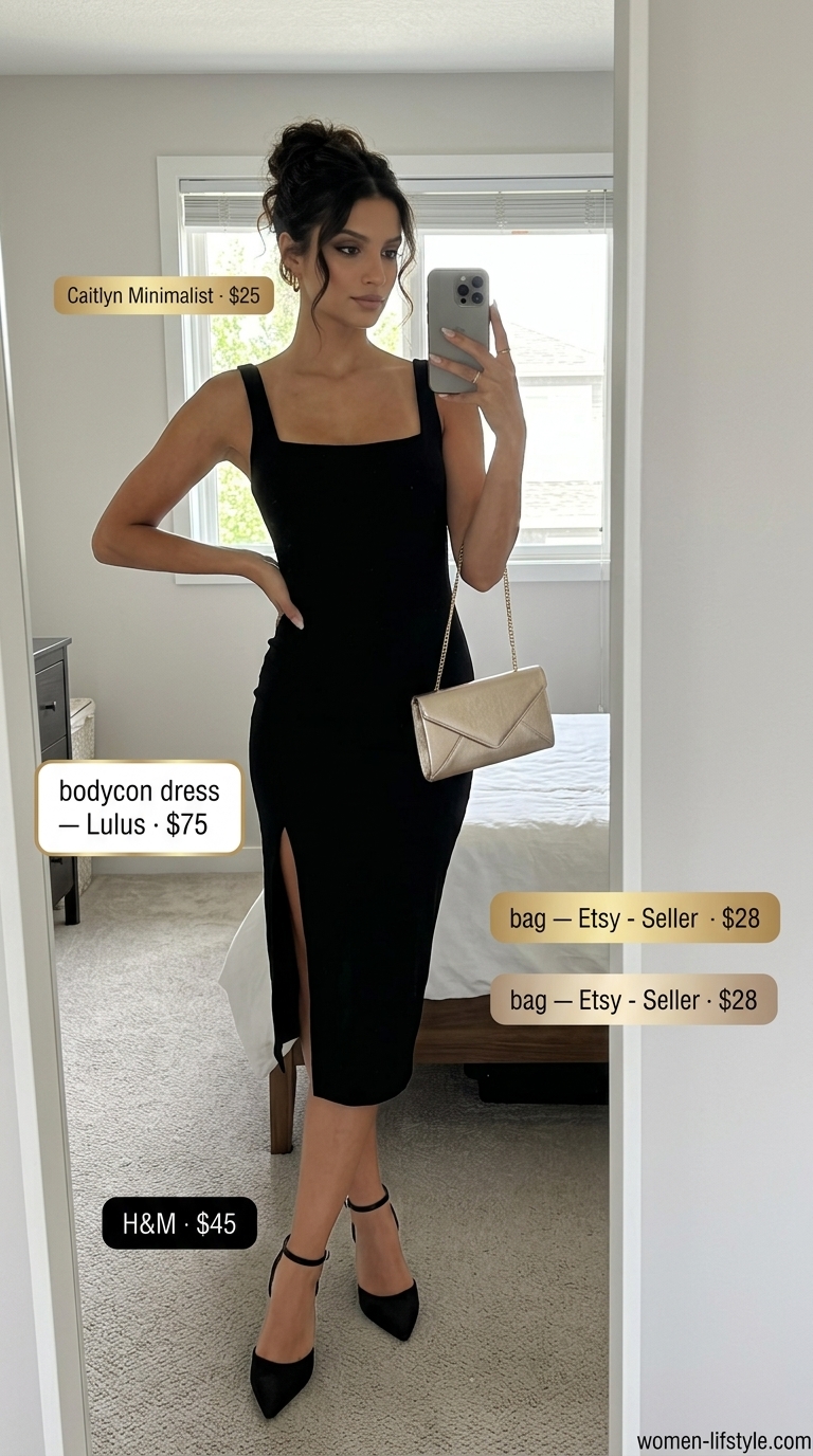 Chic black midi bodycon dress with gold hoops for cocktail party going out outfits for women 2026.