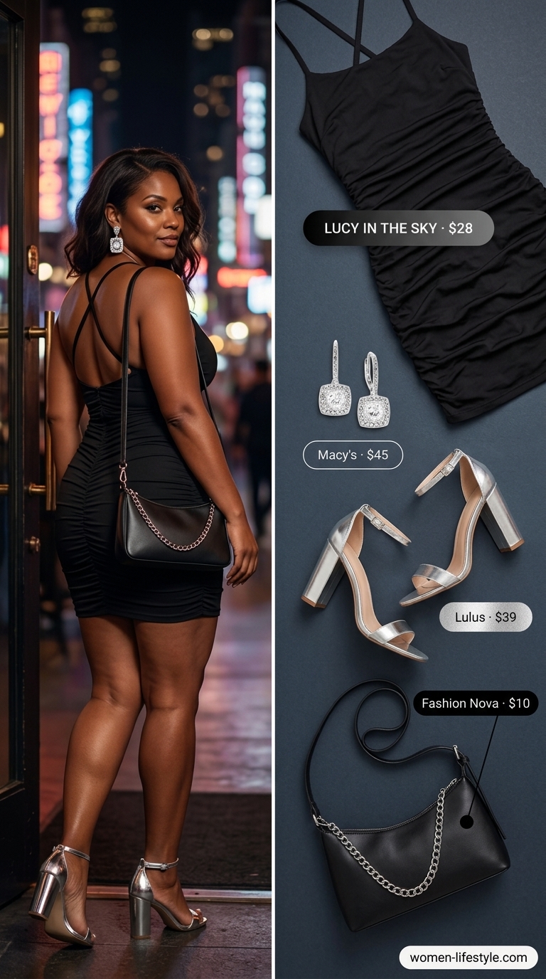 Black bodycon mini dress with silver heels and crystal earrings for bodycon summer going out outfits for women 2026.