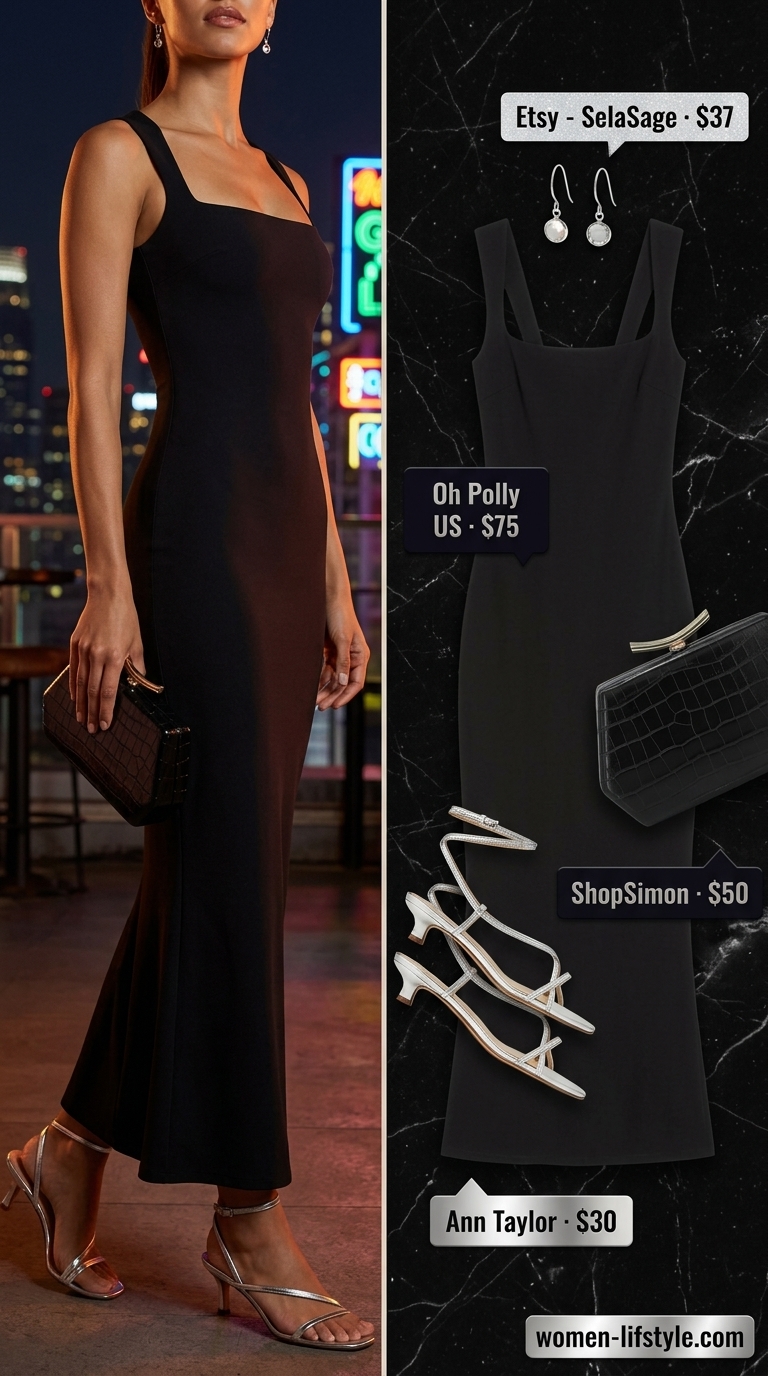Sleek black bodycon dress with silver sandals & red clutch for going out outfits for women 2026.