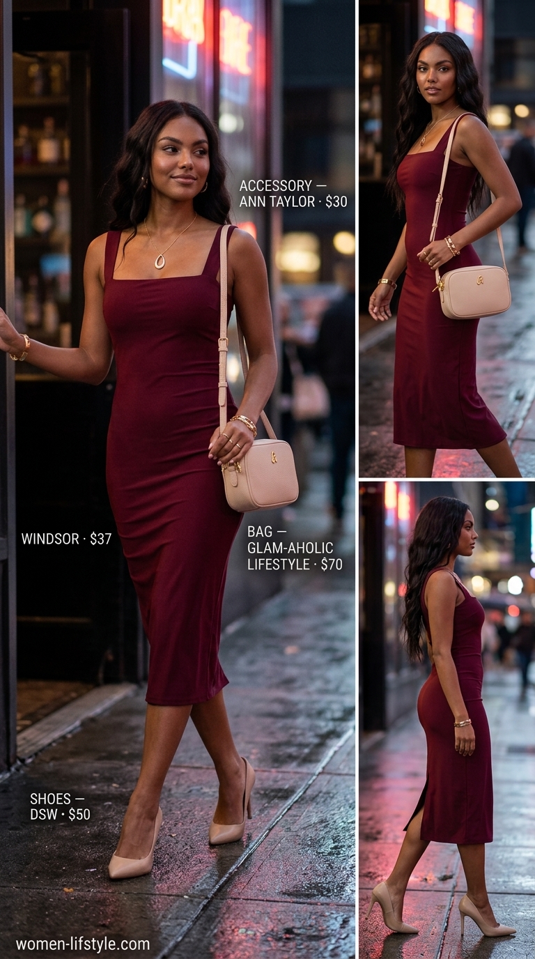 Elegant burgundy bodycon midi dress with nude heels & gold necklace for going out outfits for women 2026.