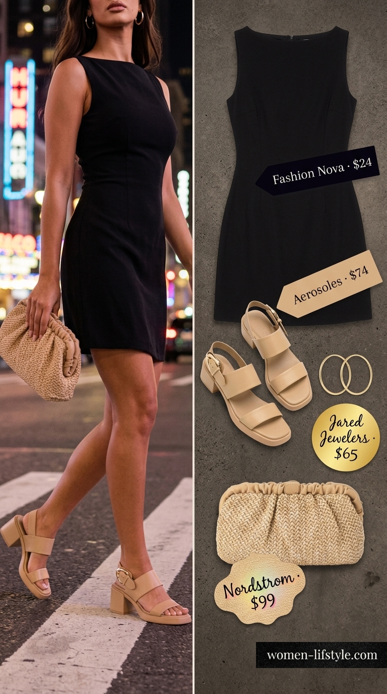 Vibrant coral bodycon dress with nude sandals & straw clutch for summer going out outfits for women 2026.