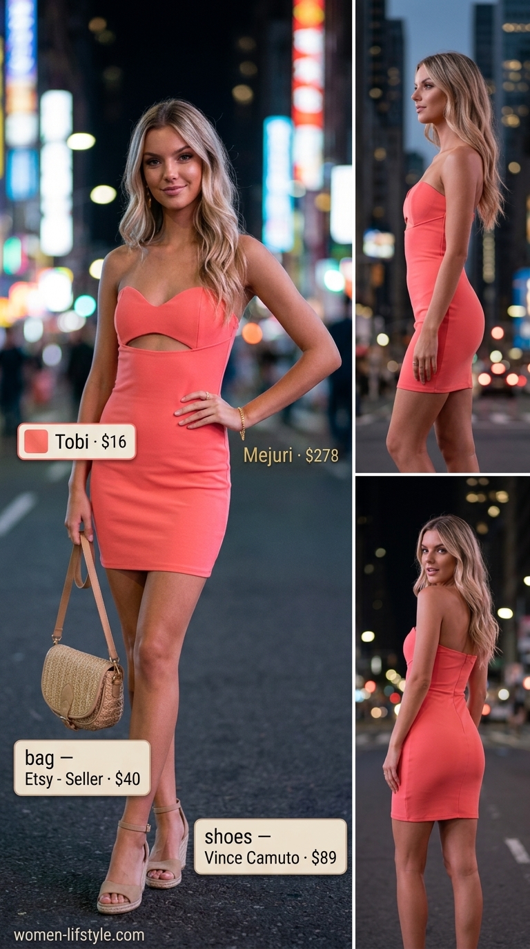 Coral bodycon mini dress with sweetheart neckline, espadrilles and straw bag for bodycon summer going out outfits for women 2026.