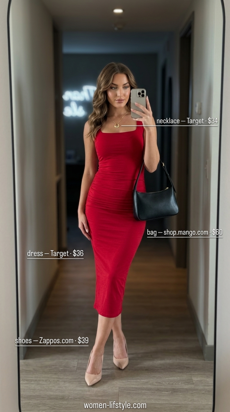 Crimson red bodycon midi dress with gold necklace and black crossbody for bodycon summer going out outfits for women 2026.