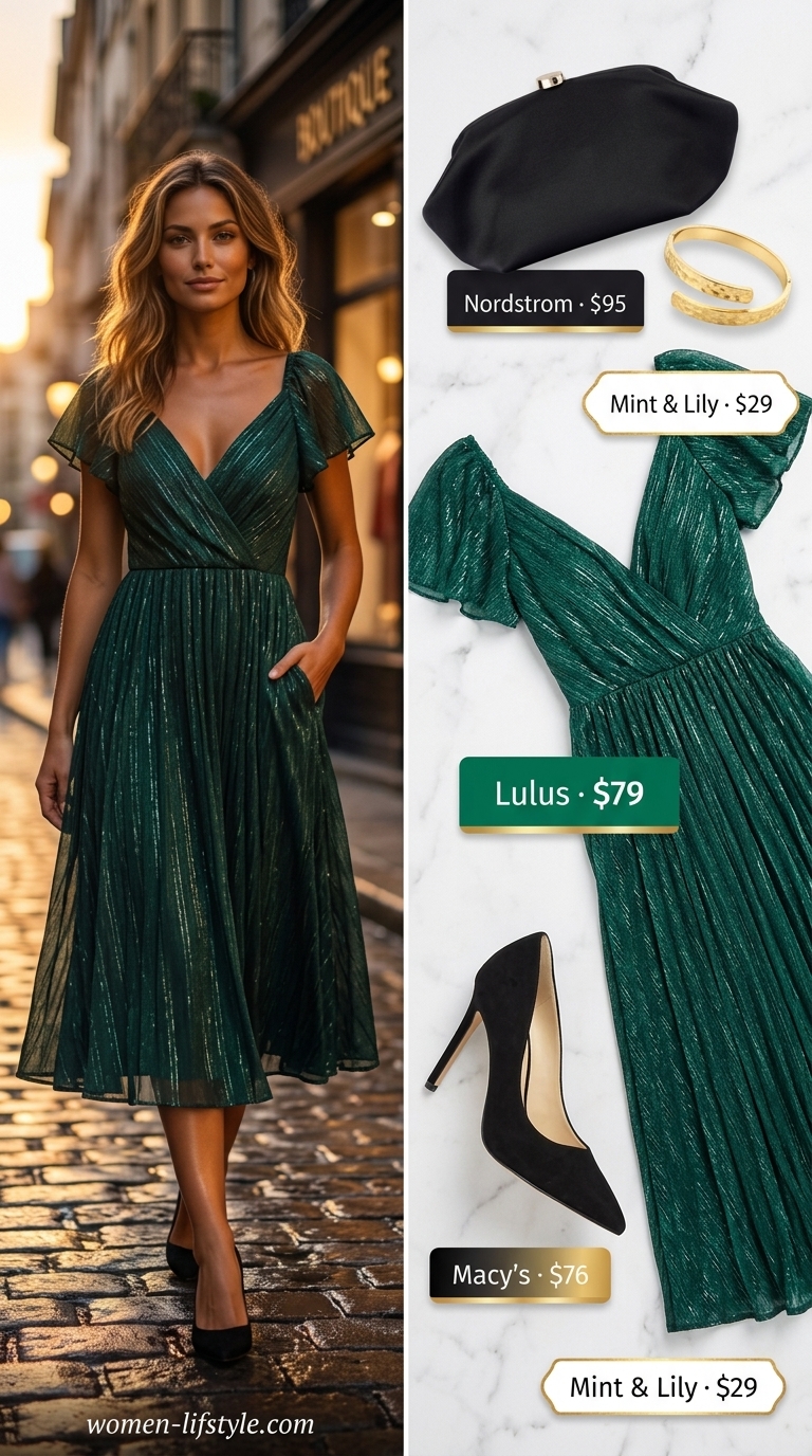 Bold emerald green bodycon midi dress with black heels & gold cuff for going out outfits for women 2026.