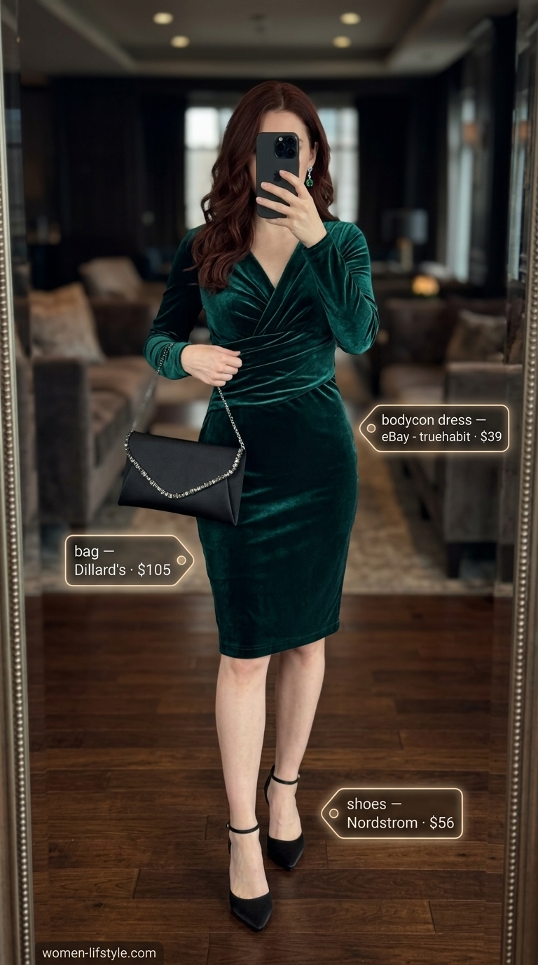 Glamorous emerald green bodycon dress with black pumps for evening going out outfits for women 2026.
