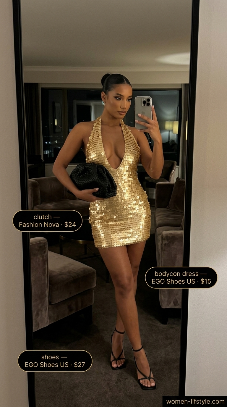 Glamorous gold sequin bodycon dress with black heels for party going out outfits for women 2026.