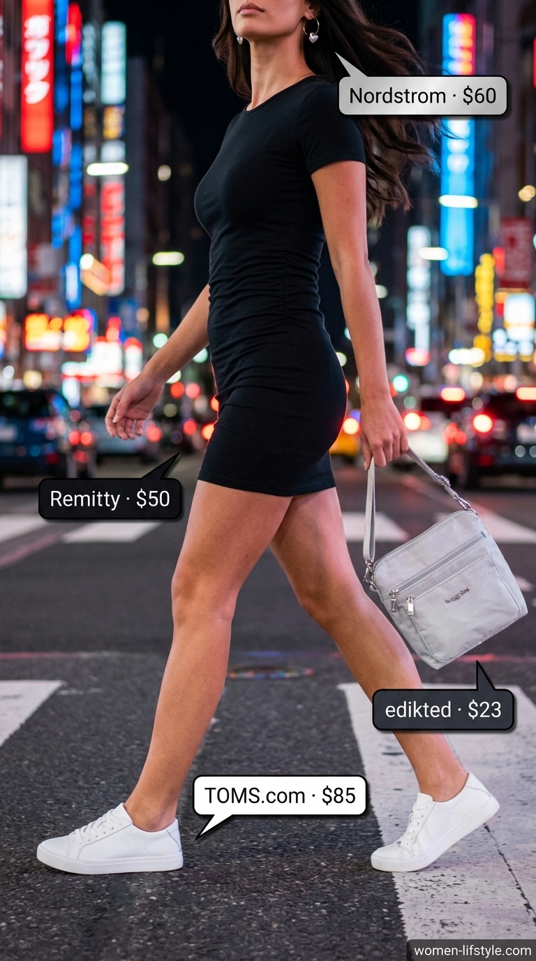 Hot pink bodycon dress with white sneakers & silver bag for summer going out outfits for women 2026.