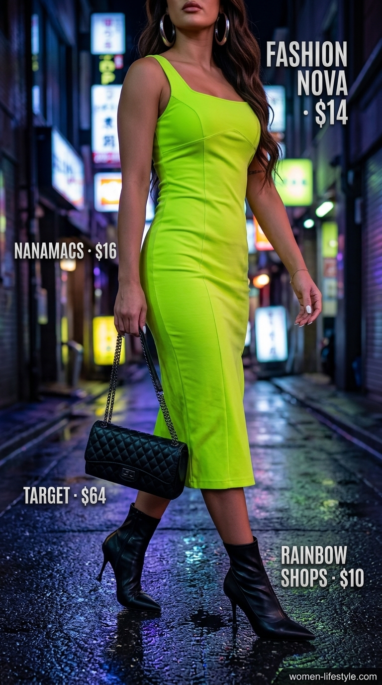 Lime green bodycon dress with ankle boots and hoop earrings for bodycon summer going out outfits for women 2026.