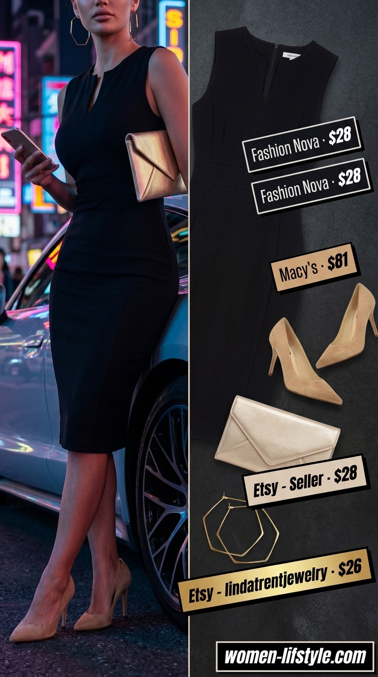 Elegant navy blue bodycon dress with gold statement earrings for formal going out outfits for women 2026.