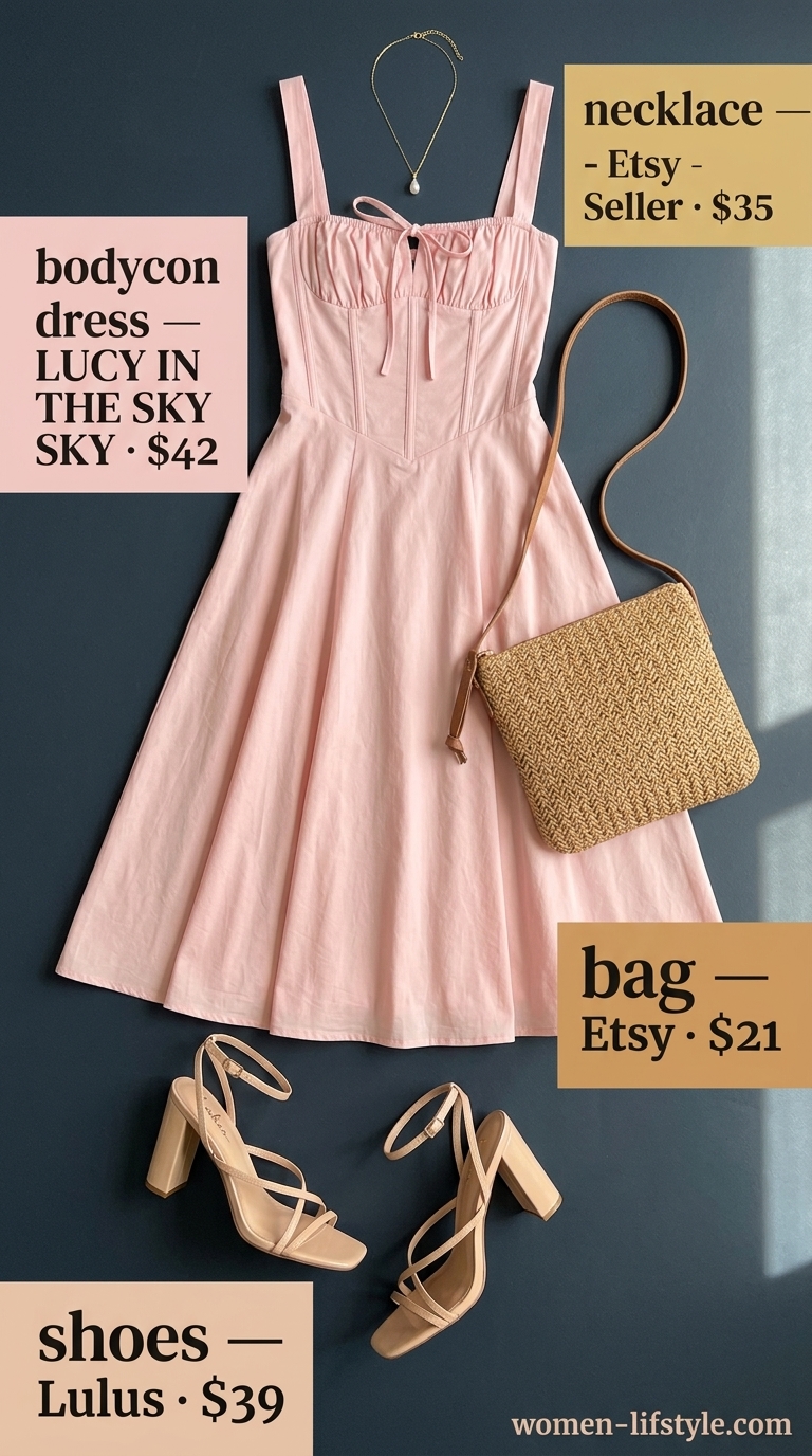Romantic soft pink bodycon midi dress with nude heels for date night outfits for women 2026.