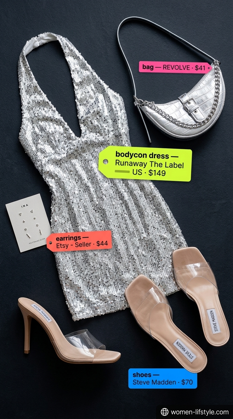 Glamorous silver sequined bodycon mini dress for party outfits for women 2026.