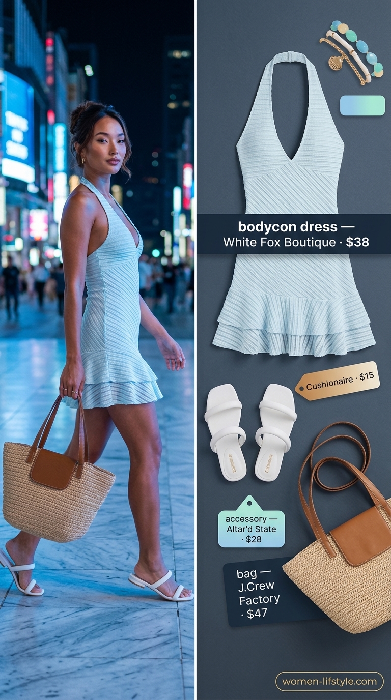 Casual sky blue bodycon mini dress with straw tote for beach outfits for women 2026.