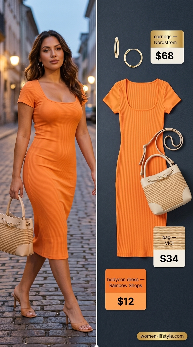 Sunset orange bodycon midi dress with espadrilles and gold hoops for bodycon summer going out outfits for women 2026.